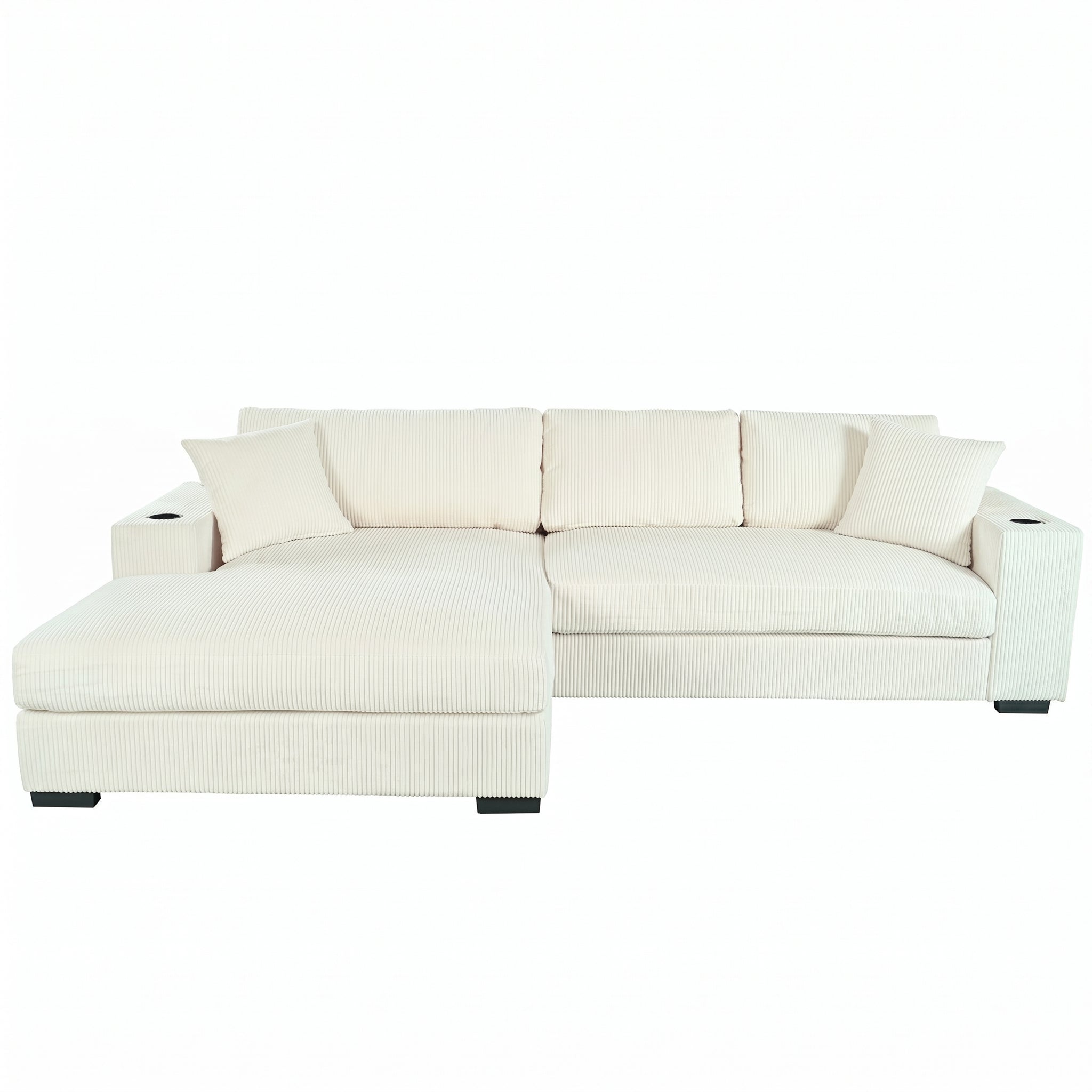 Sfeerco Large Sectional Sofa 3-Seat Corduroy with Built-in Cup Holders Charging Ports USB Type-C Thick Cushions Beige Living Room