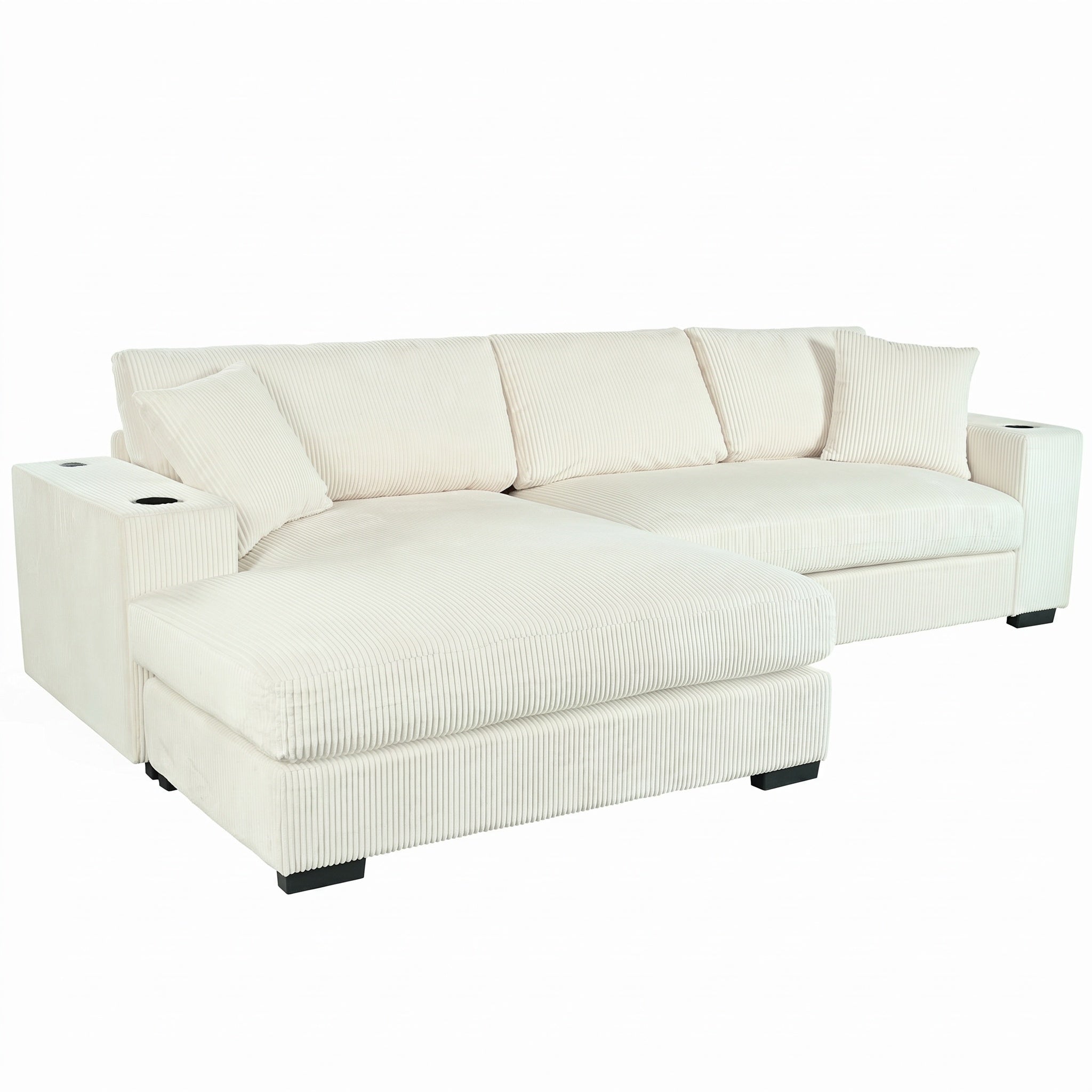 Sfeerco Large Sectional Sofa 3-Seat Corduroy with Built-in Cup Holders Charging Ports USB Type-C Thick Cushions Beige Living Room