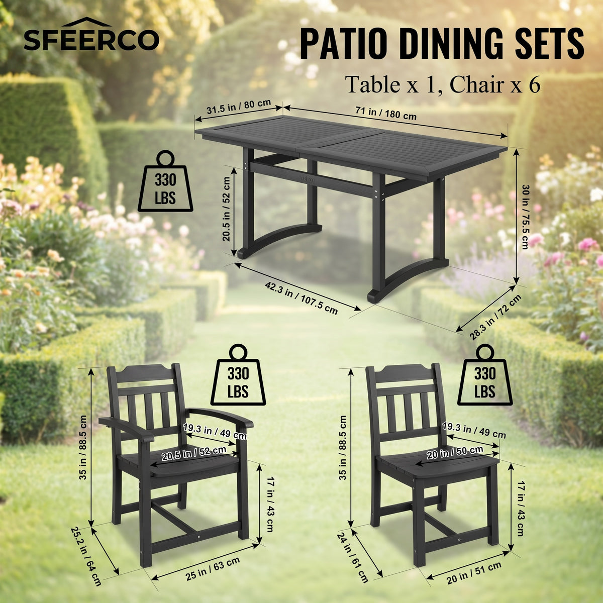 Sfeerco Outdoor Weatherproof Patio Dining Set 7-Piece Rectangle Table and 6 Chairs Black — Dusk