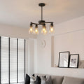 Sfeerco Modern Farmhouse Black Chandelier 6-Light Clear Glass Shade Adjustable Height Industrial Pendant Dining Room Kitchen Island