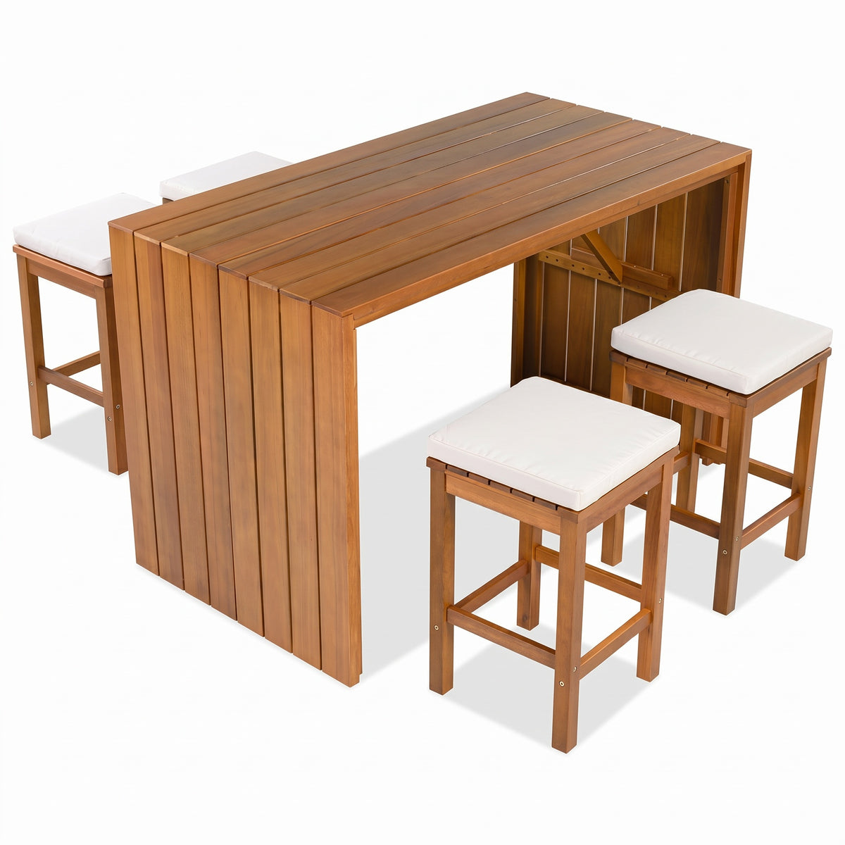 Sfeerco Outdoor Acacia Wood Bar Set 5-Piece Bar Height Table and 4 Cushioned Stools Beige Natural Wood Patio