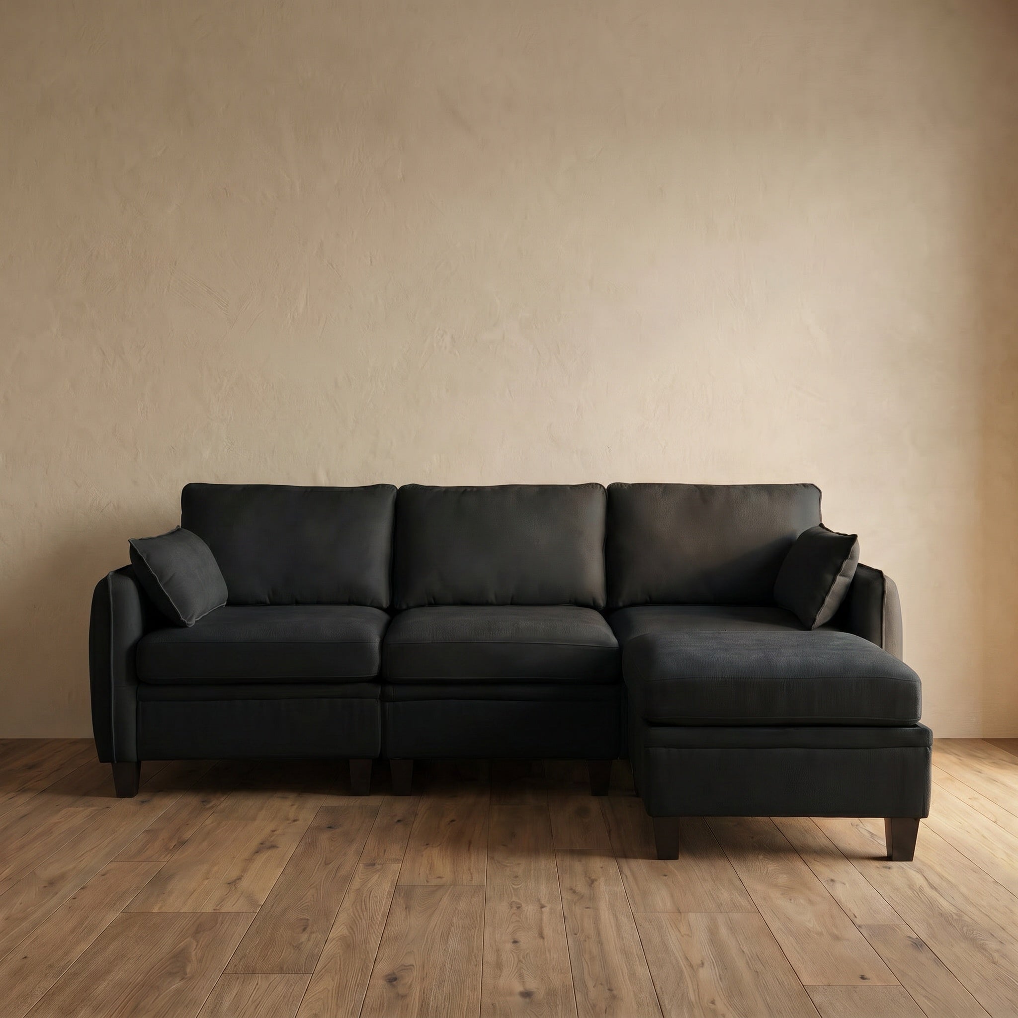 Sfeerco Modular L-Shaped Sectional Sofa 4-Seat Chenille Cloud Couch with Storage Ottoman Black Living Room