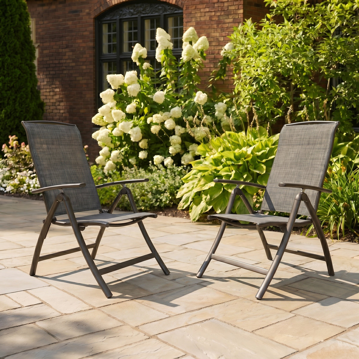 Sfeerco Folding Patio Chairs Set of 2, Aluminum Reclining Sling Chairs with Adjustable High Backrest, Textilene Fabric, Dark Brown