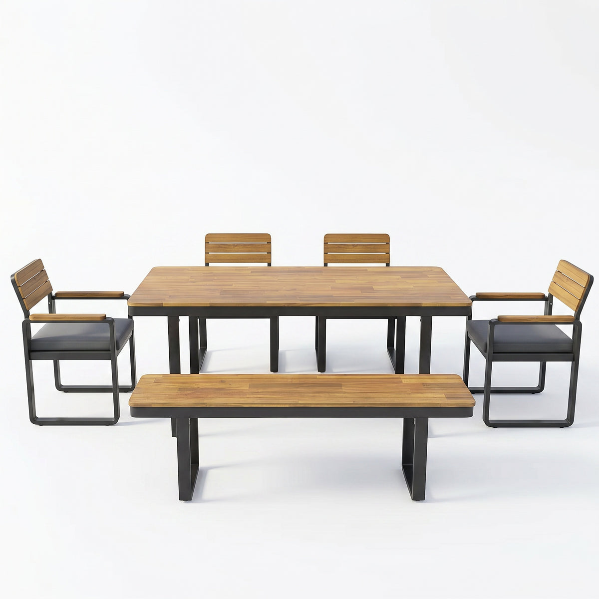 Sfeerco Outdoor Acacia Wood Dining Set 6-Piece Table 4 Cushioned Chairs and Bench with Gray Cushions Garden Patio