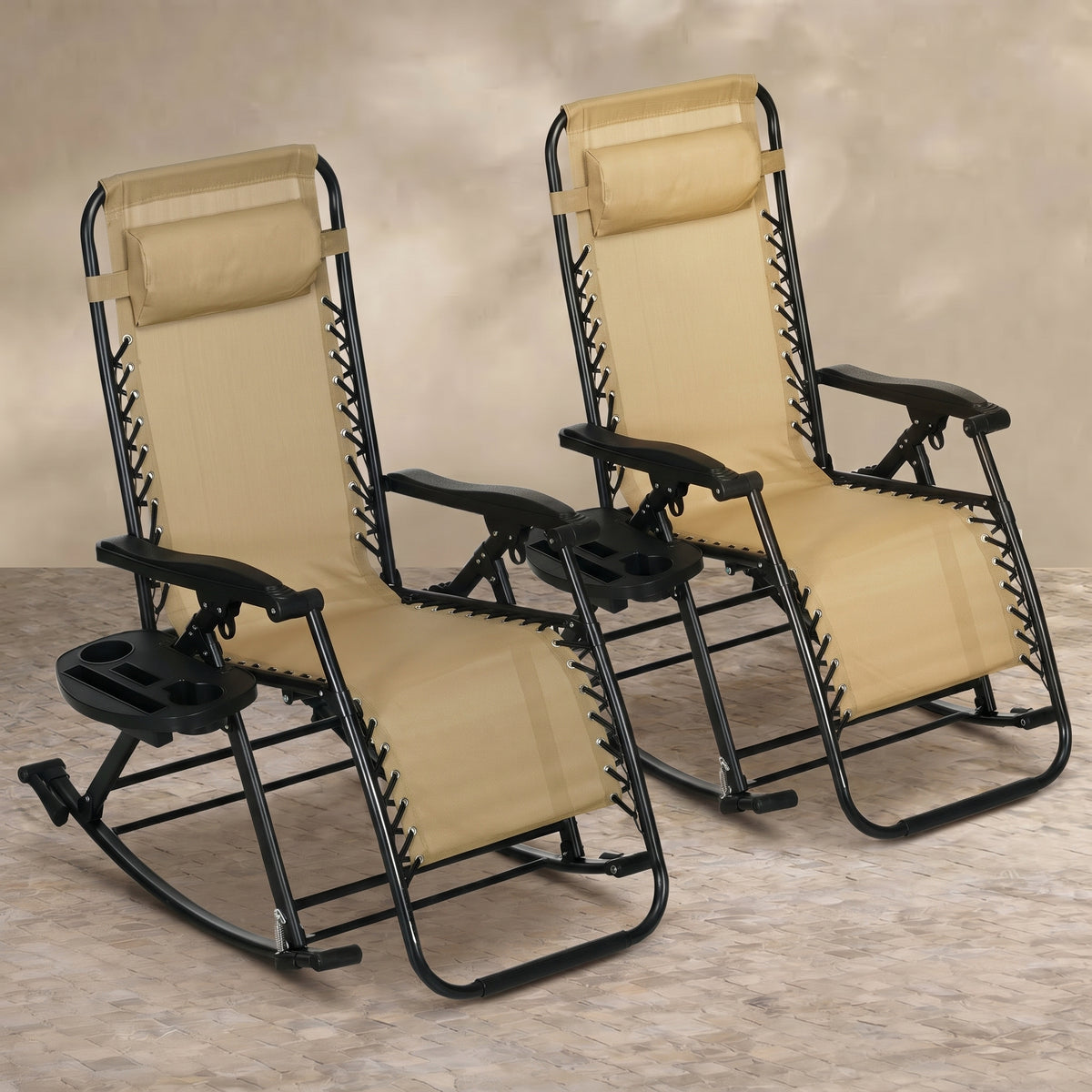 Sfeerco Outdoor Zero Gravity Rocking Chairs Set of 2, Foldable Reclining Lounge Chairs with Pillow, Cup Holder and Phone Holder, Beige
