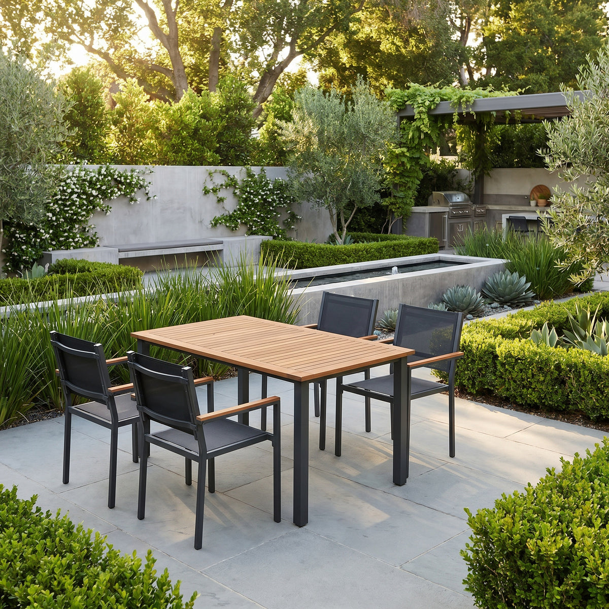 Sfeerco Outdoor Acacia Wood Patio Dining Set 4-Piece Rectangle Table 59 Inch Stackable Chairs — Vega