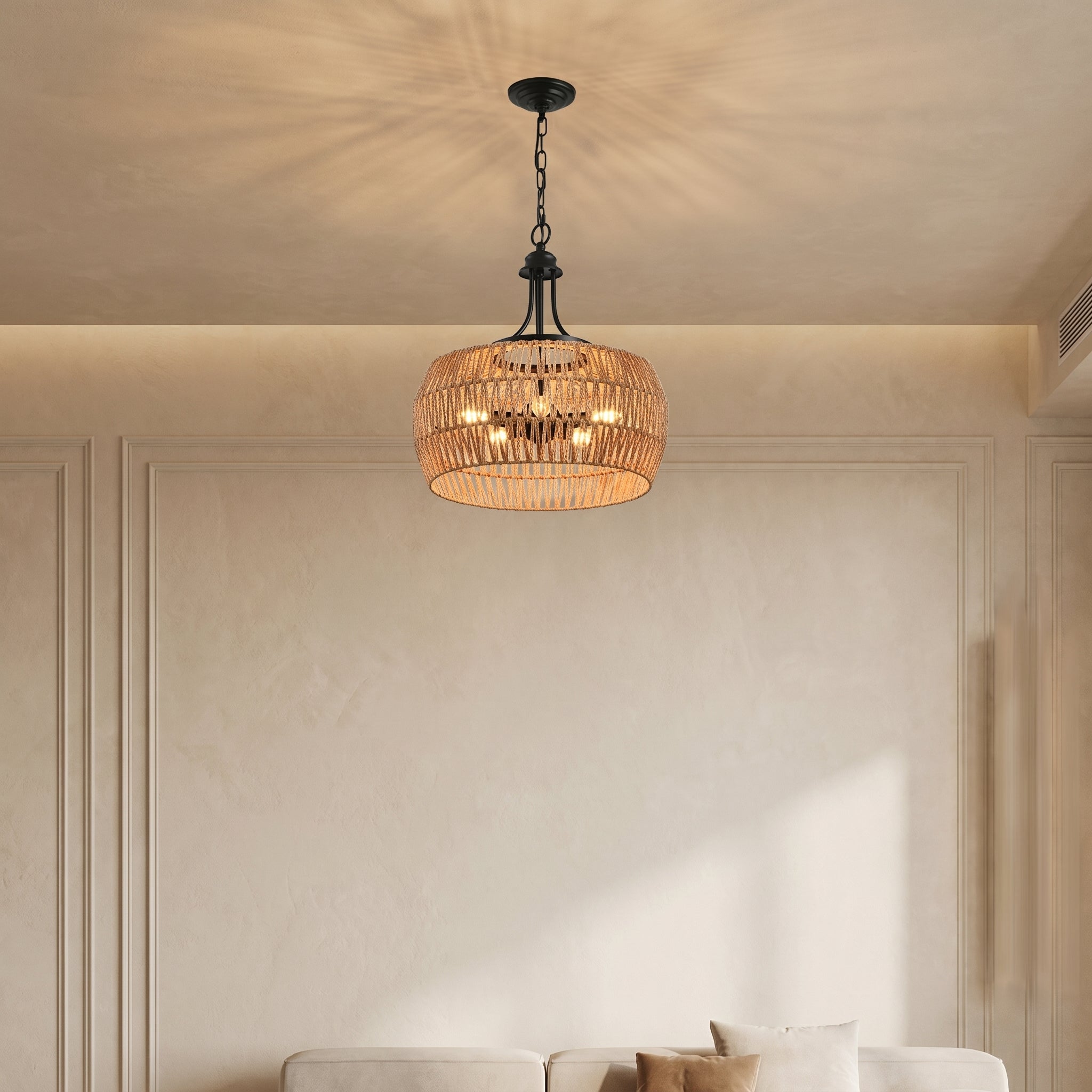 Sfeerco Boho Hemp Rope Pendant Light Hand-Woven Jute Shade Adjustable Chain Natural Ceiling Light Kitchen Island Dining Room Entryway