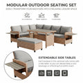 Sfeerco Outdoor PE Rattan Sectional Sofa Set 5-Piece L-Shaped with Extendable Side Tables Washable Cushions Brown
