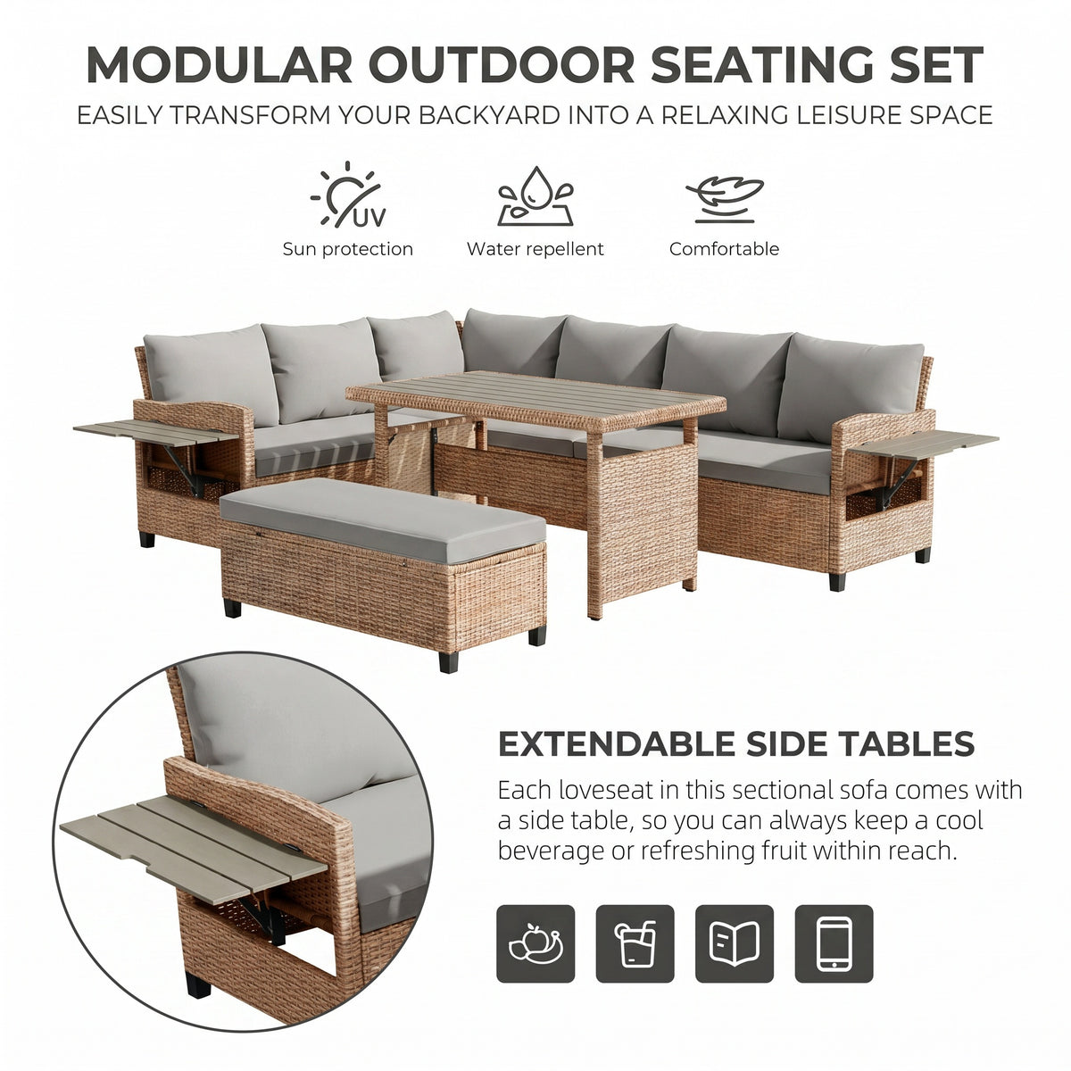 Sfeerco Outdoor PE Rattan Sectional Sofa Set 5-Piece L-Shaped with Extendable Side Tables Washable Cushions Brown