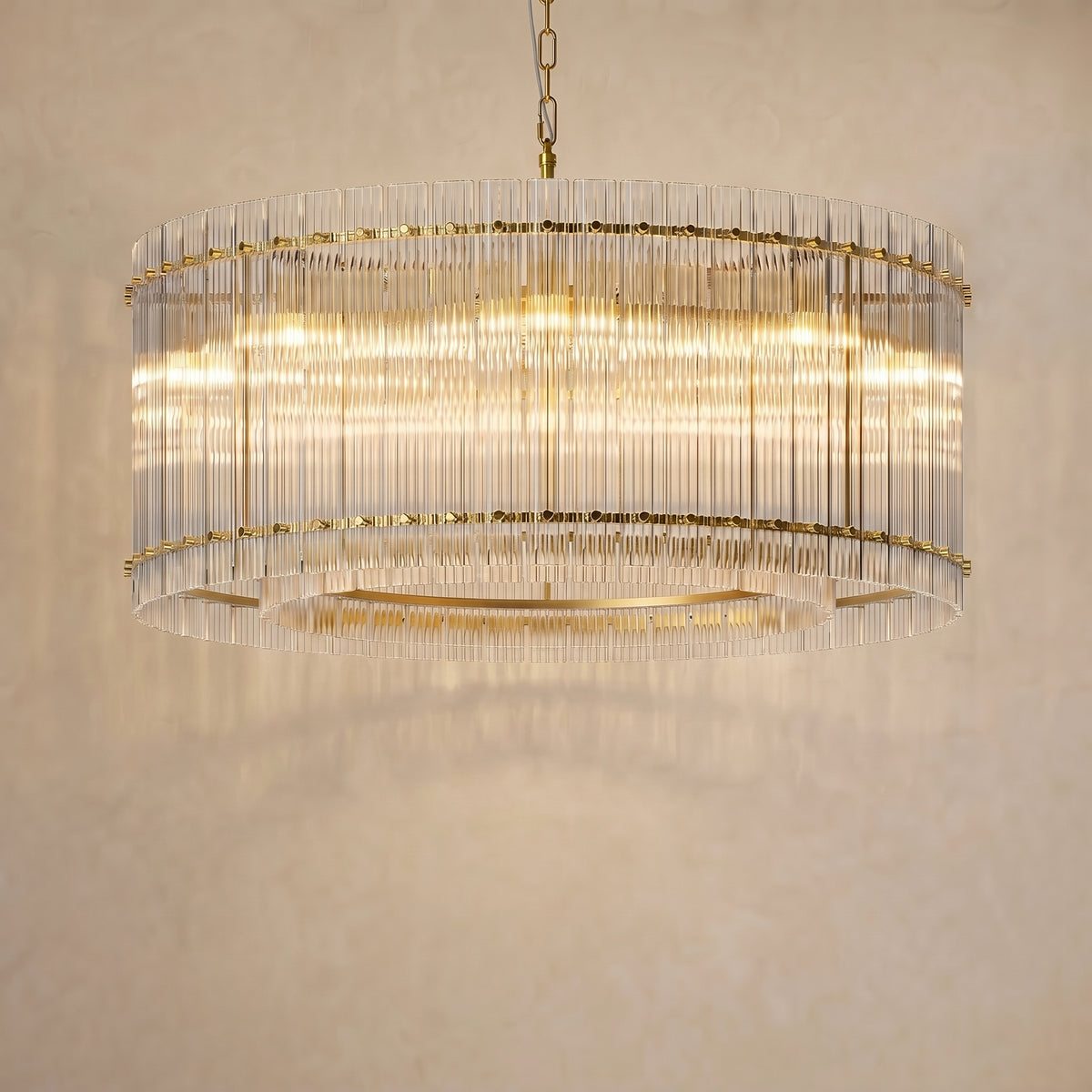 Sfeerco Modern Gold Round Chandelier 37 Inch 2-Tier 8-Light Water Ripple Crystal Glass High Ceiling Dining Room Living Room Foyer