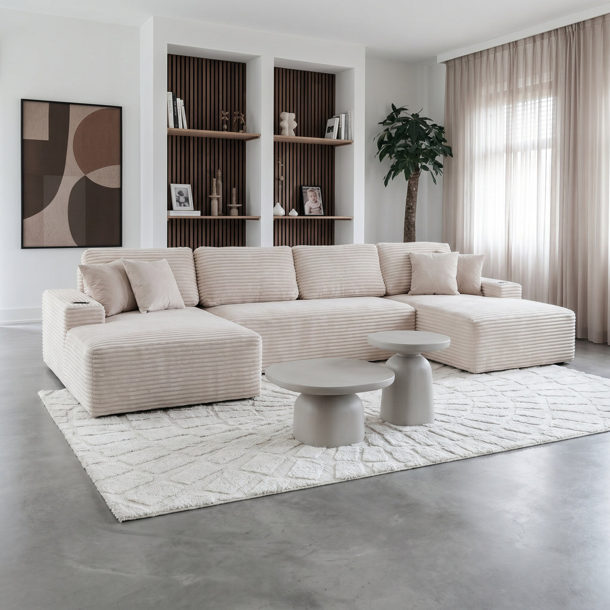 Sfeerco U-Shaped Sectional Sofa 6-Seat Modular Cloud Couch Corduroy Fabric with Cup Holders Storage Pockets Cream White Living Room