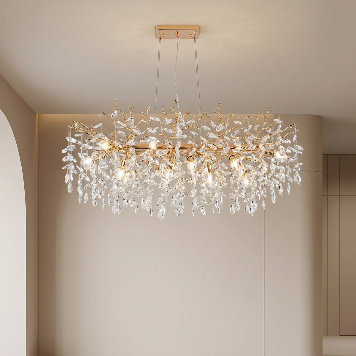 Sfeerco Modern Gold Crystal Tree Branch Chandelier 49.2 Inch 14-Light Rectangular Raindrop Pendant Dining Room Kitchen Island Living Room