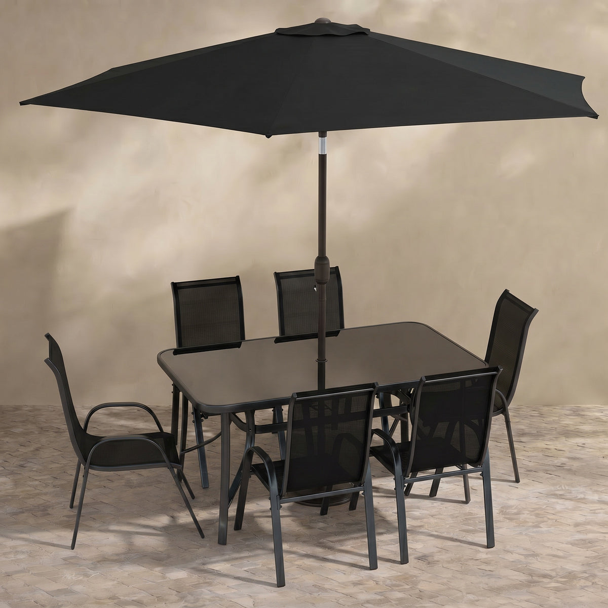 Sfeerco Outdoor Patio Dining Set 8-Piece with 9Ft Umbrella Dining Table & Chairs Black – Riviera