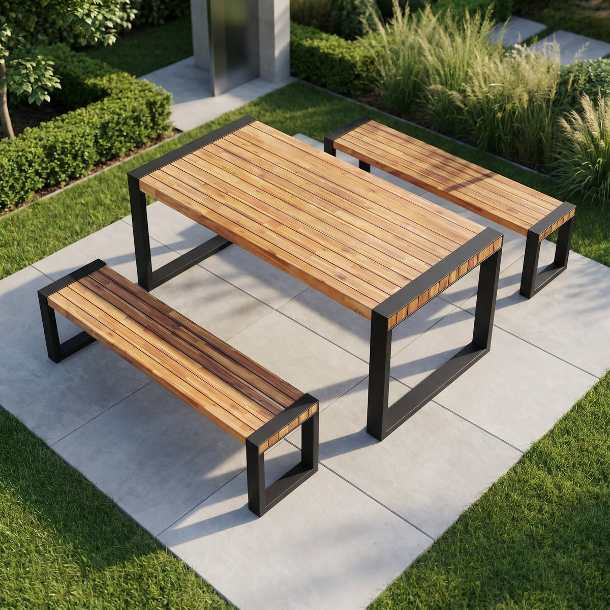 Sfeerco Outdoor Acacia Wood Dining Set 3-Piece Rectangle Table and 2 Benches Steel Frame Natural — Banco