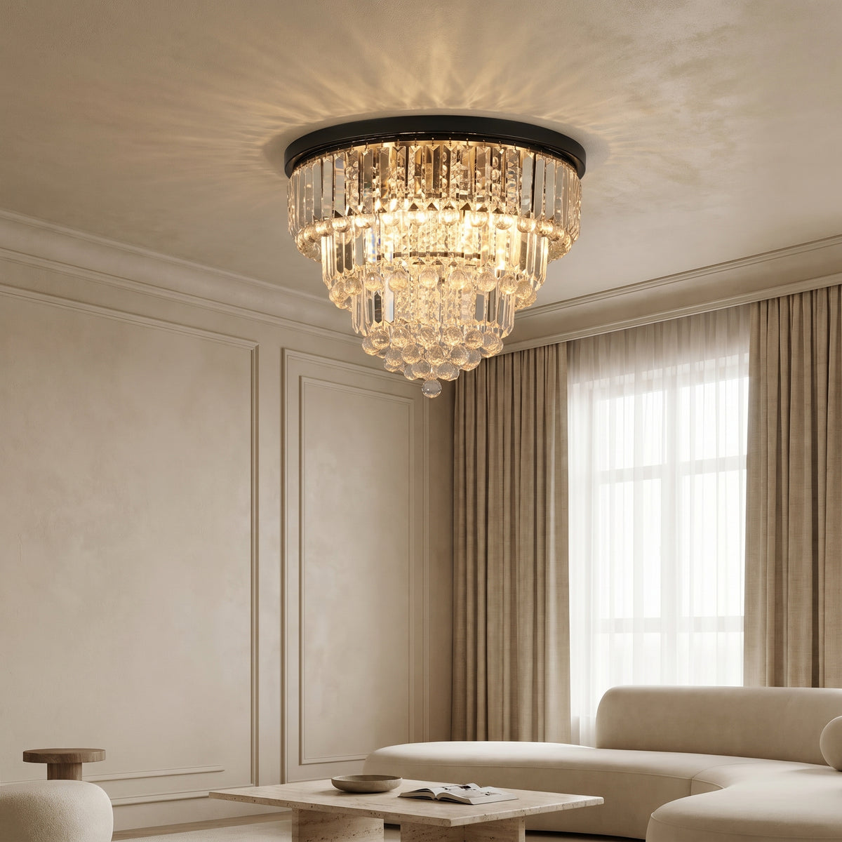 Sfeerco Modern Crystal Flush Mount Ceiling Light 6-Light K9 Crystal Chandelier Black 19.7 Inch Living Room Dining Room Bedroom