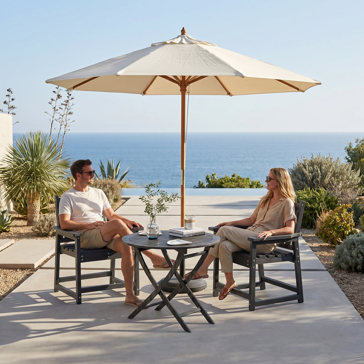 Sfeerco Outdoor HDPE Dining Chair Set of 2 Slatted Wood-Look Armchair Black — Duro