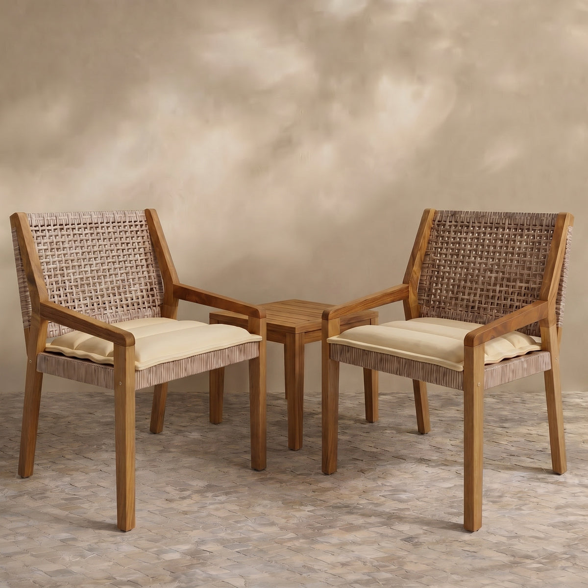 Sfeerco Outdoor Acacia Wood Wicker Dining Chair Set of 2 with Cream Cushion Teak Finish — Teca