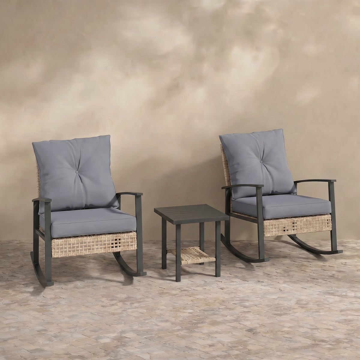 Sfeerco Outdoor Bistro Set 3-Piece Rattan Rocking Chairs with Tufted Cushions & Coffee Table Gray – Deco