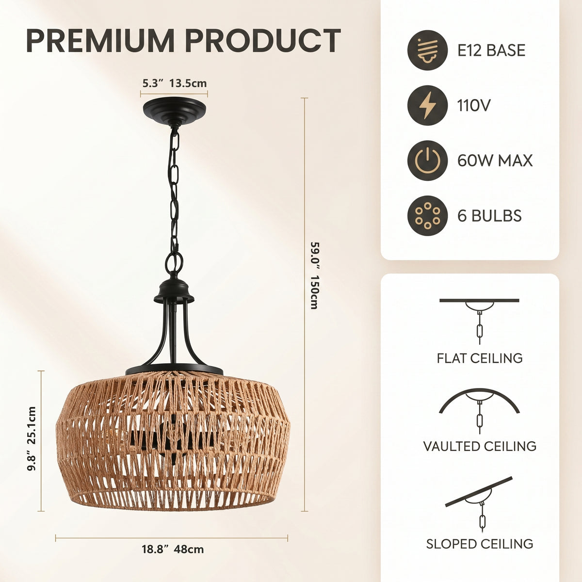 Sfeerco Boho Hemp Rope Pendant Light Hand-Woven Jute Shade Adjustable Chain Natural Ceiling Light Kitchen Island Dining Room Entryway