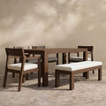 Sfeerco Outdoor Acacia Wood Patio Dining Set 7-Piece 71 Inch Rectangular Table 4 Chairs and Bench Umbrella Hole Mocha Beige Cushion