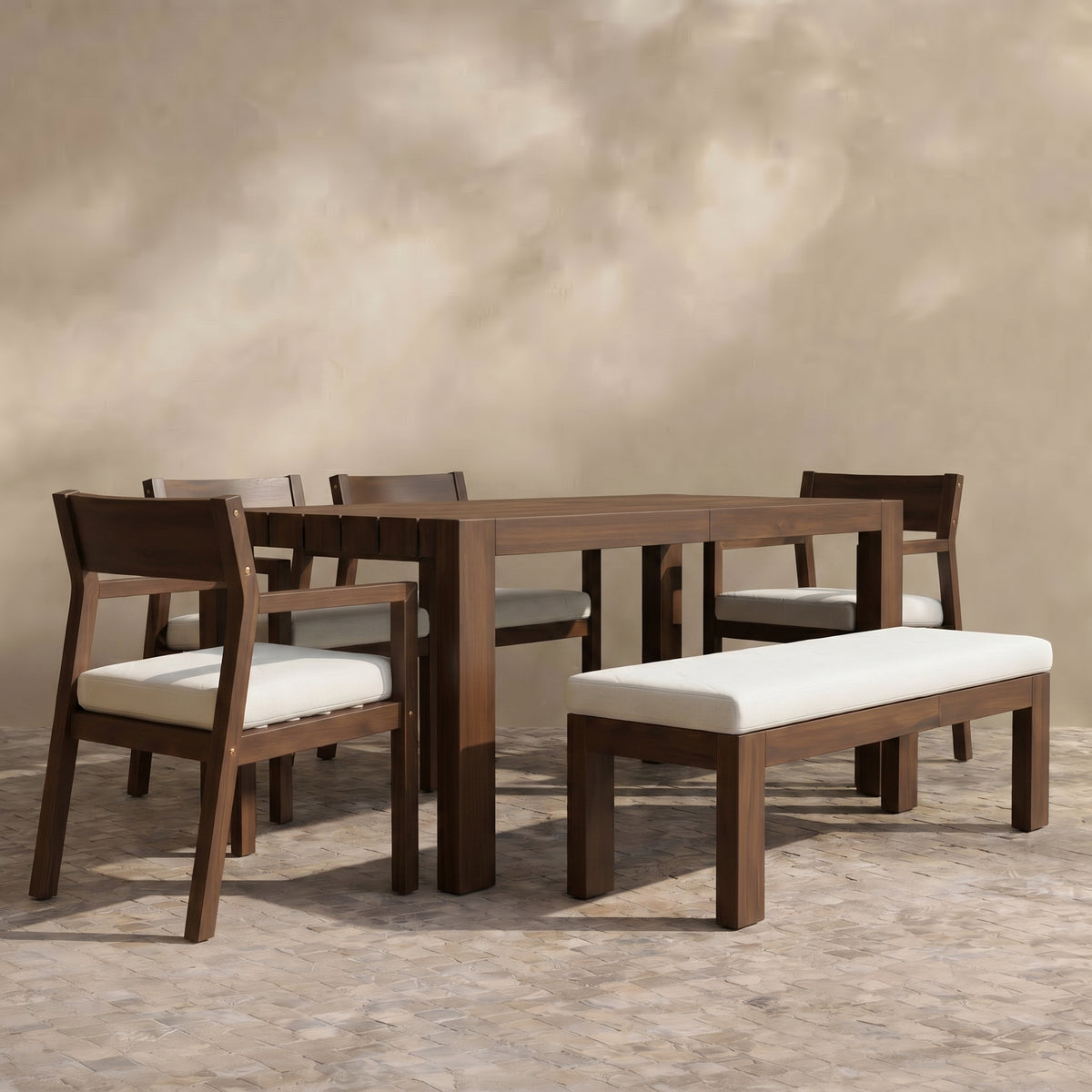 Sfeerco Outdoor Acacia Wood Patio Dining Set 7-Piece 71 Inch Rectangular Table 4 Chairs and Bench Umbrella Hole Mocha Beige Cushion
