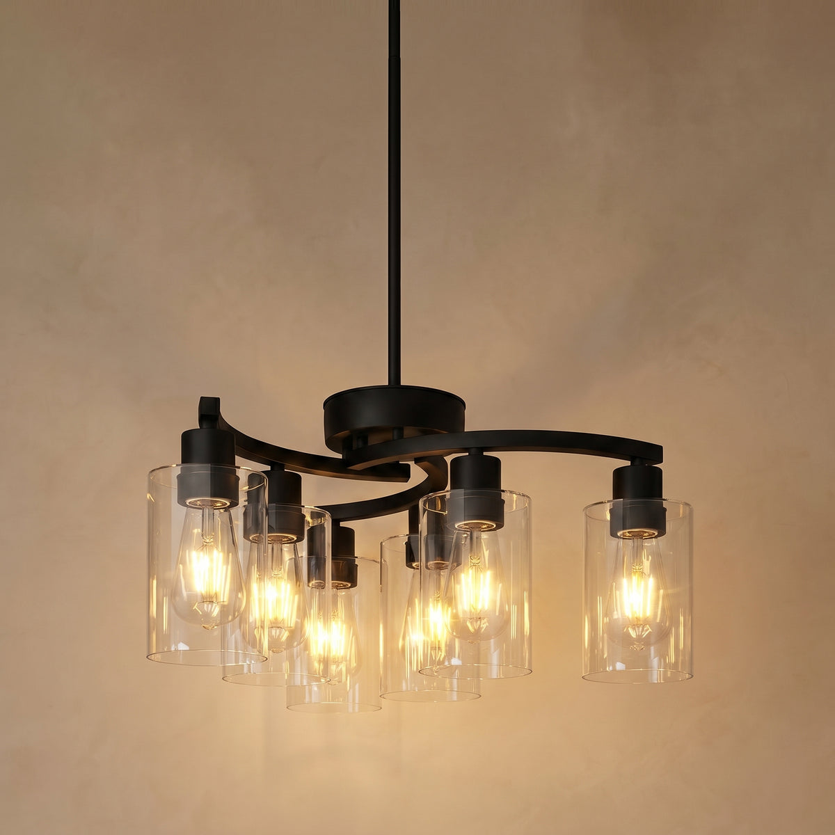 Sfeerco Modern Farmhouse Black Chandelier 6-Light Clear Glass Shade Adjustable Height Industrial Pendant Dining Room Kitchen Island