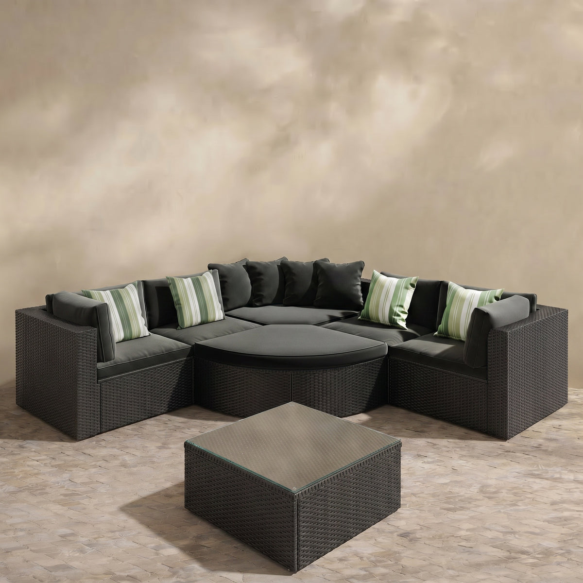 Sfeerco Outdoor Wicker Patio Sofa Set 7-Piece Rattan Conversation Set with Gray Cushions & Green Pillows Black – Prado