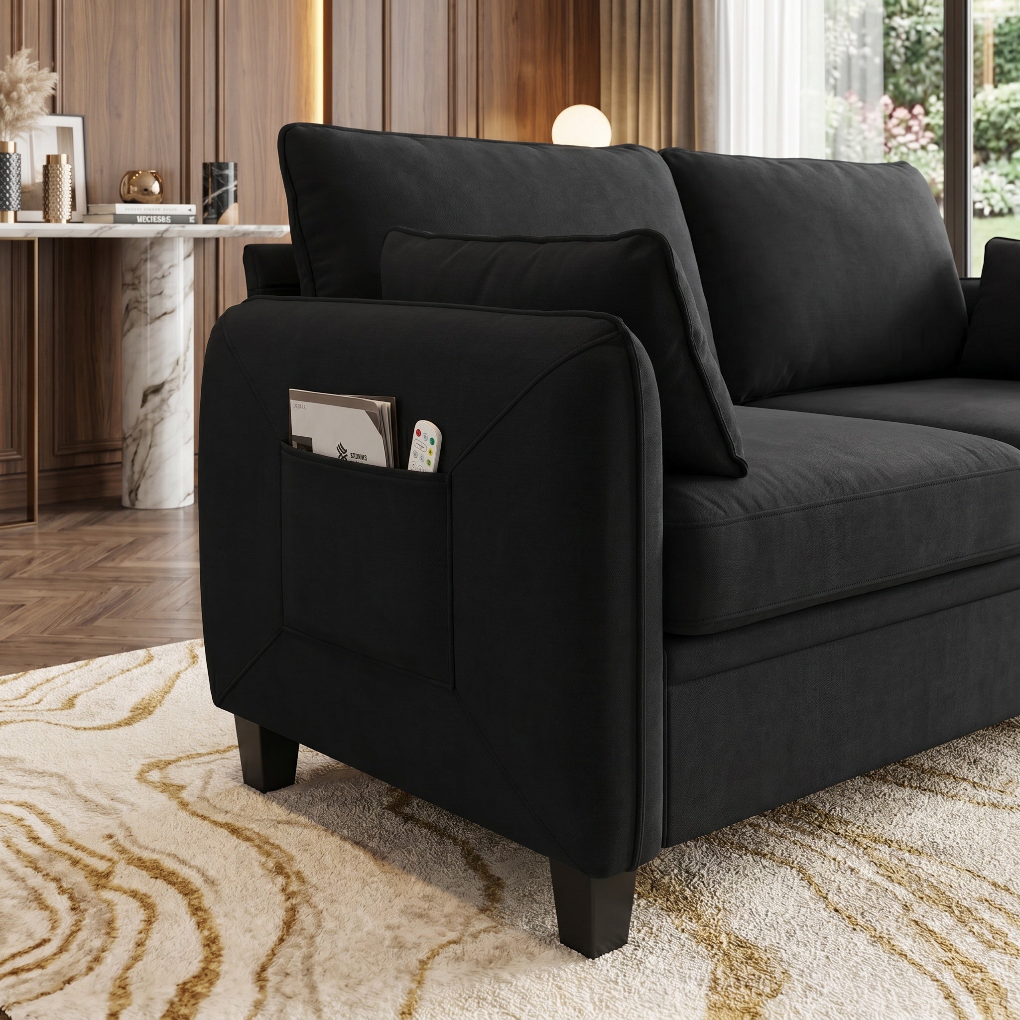 Sfeerco Modular L-Shaped Sectional Sofa 4-Seat Chenille Cloud Couch with Storage Ottoman Black Living Room