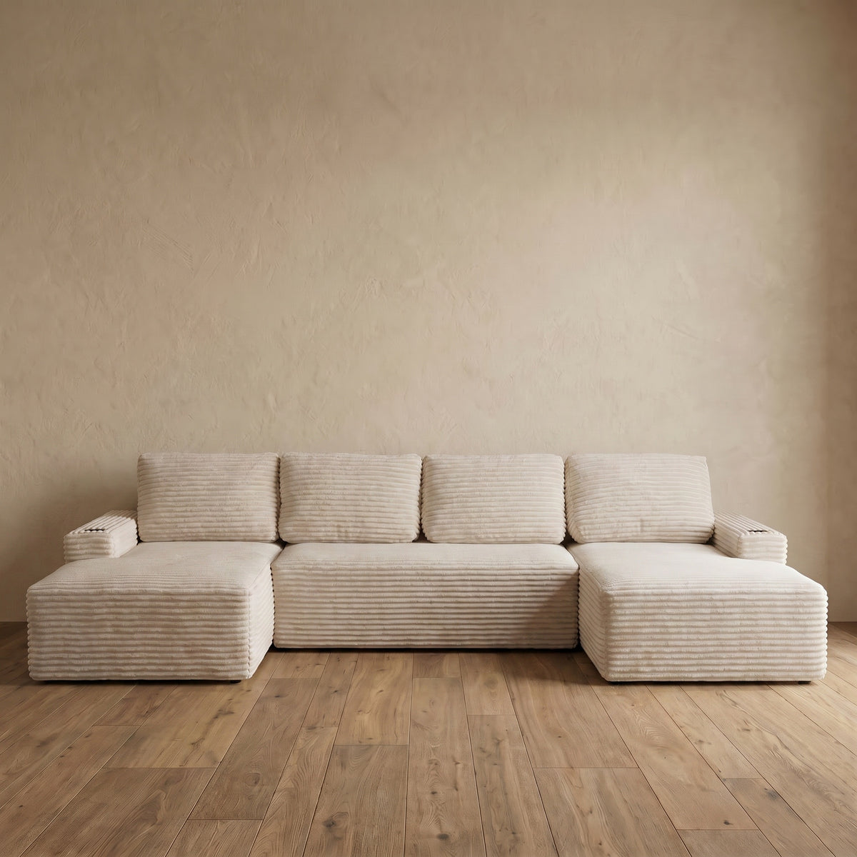 Sfeerco U-Shaped Sectional Sofa 6-Seat Modular Cloud Couch Corduroy Fabric with Cup Holders Storage Pockets Cream White Living Room