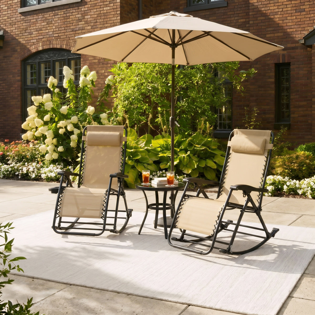 Sfeerco Outdoor Zero Gravity Rocking Chairs Set of 2, Foldable Reclining Lounge Chairs with Pillow, Cup Holder and Phone Holder, Beige