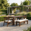 Sfeerco Outdoor Acacia Wood Patio Dining Set 7-Piece 71 Inch Rectangular Table 4 Chairs and Bench Umbrella Hole Mocha Beige Cushion