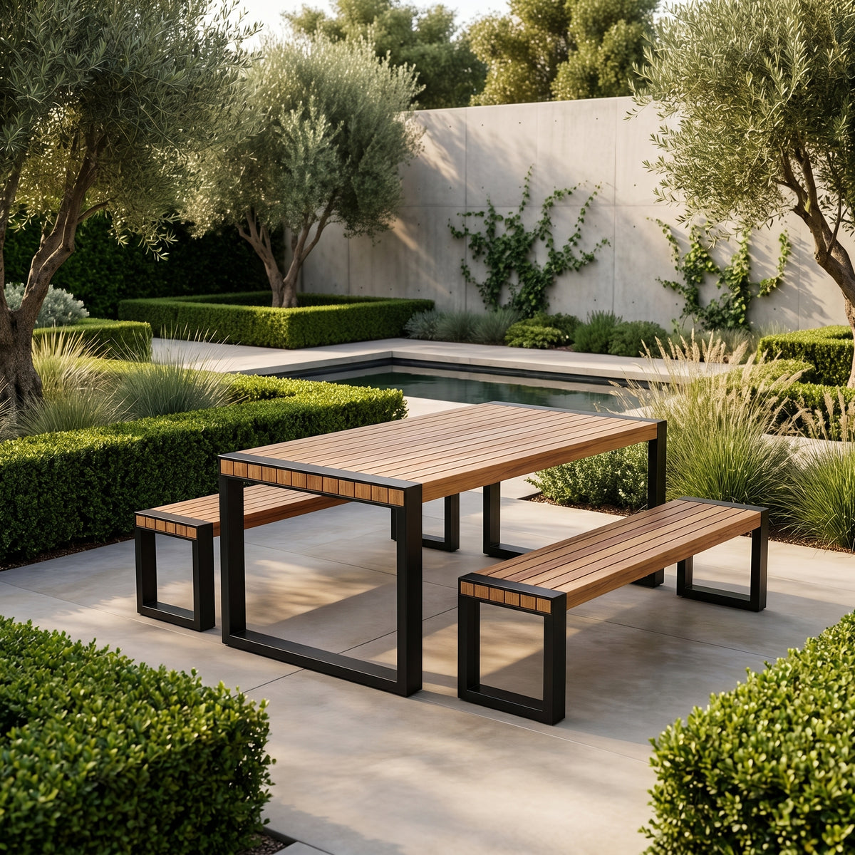 Sfeerco Outdoor Acacia Wood Dining Set 3-Piece Rectangle Table and 2 Benches Steel Frame Natural — Banco