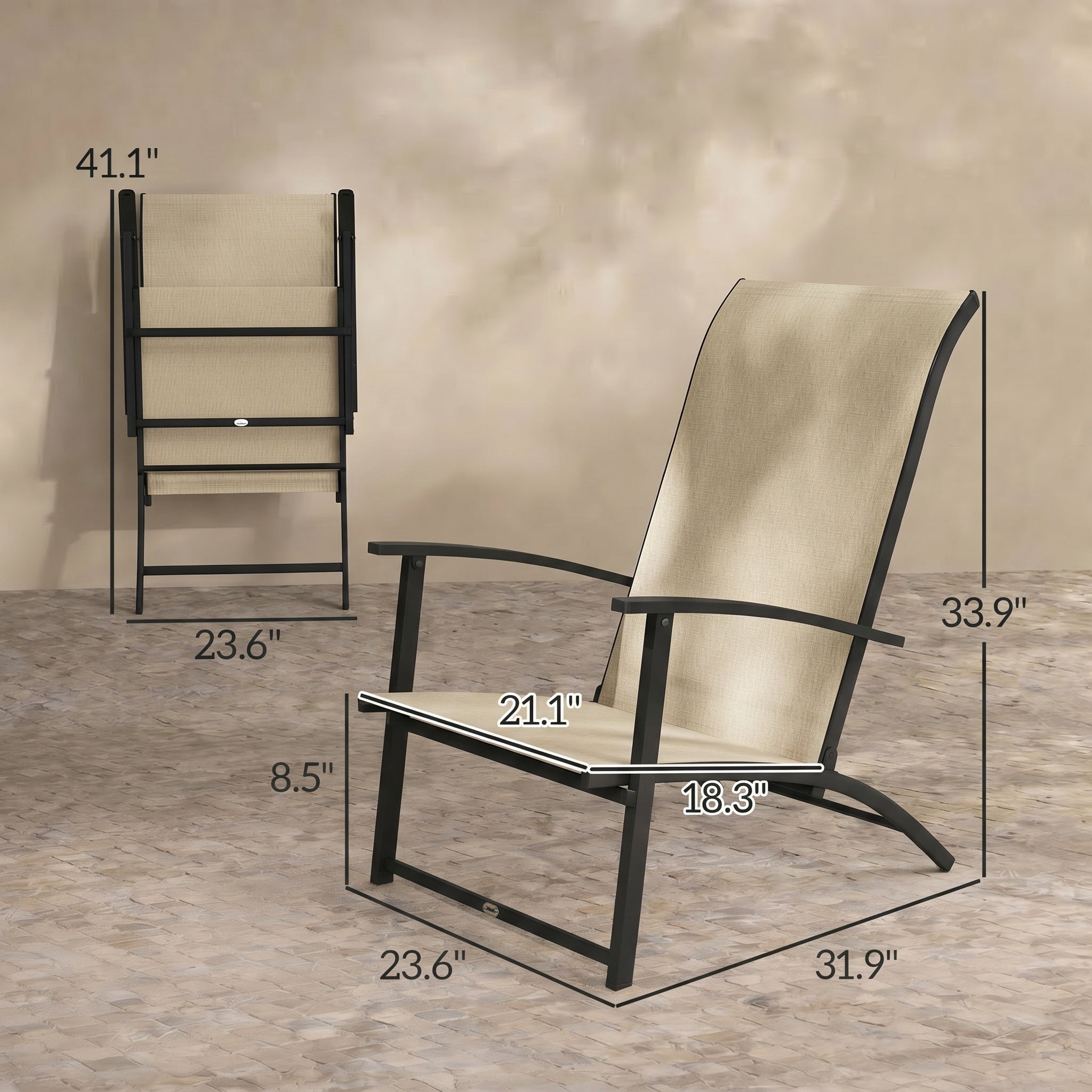 Sfeerco Folding Patio Chairs Set of 2, High Back Outdoor Dining Chairs with Armrests and Breathable Mesh, Beige