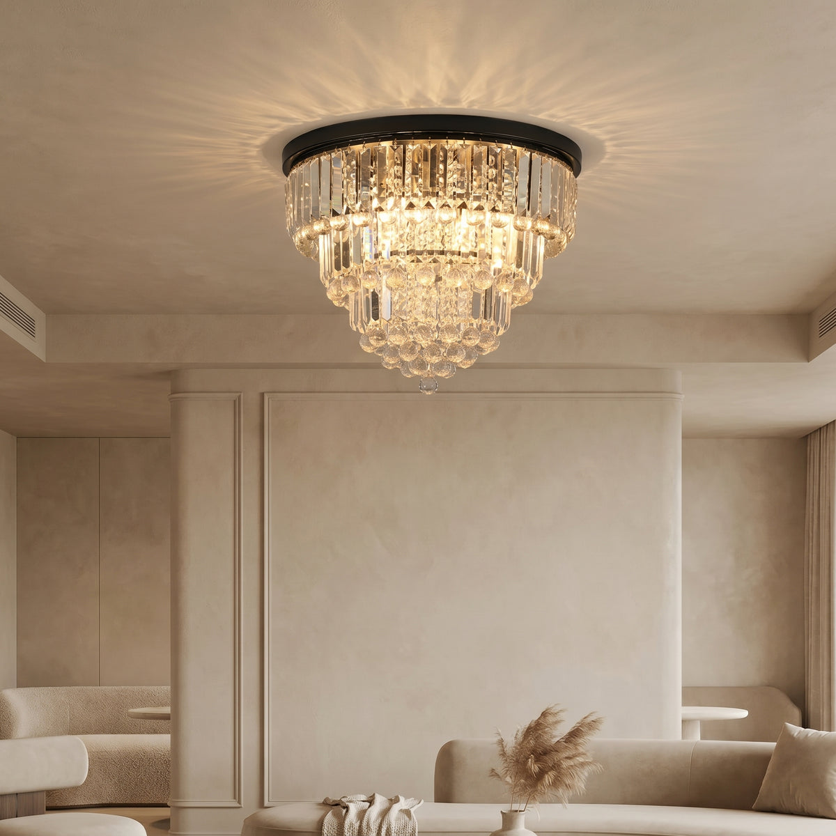 Sfeerco Modern Crystal Flush Mount Ceiling Light 6-Light K9 Crystal Chandelier Black 19.7 Inch Living Room Dining Room Bedroom