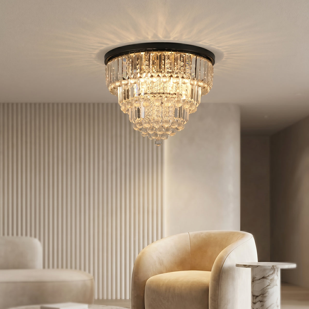Sfeerco Modern Crystal Flush Mount Ceiling Light 6-Light K9 Crystal Chandelier Black 19.7 Inch Living Room Dining Room Bedroom