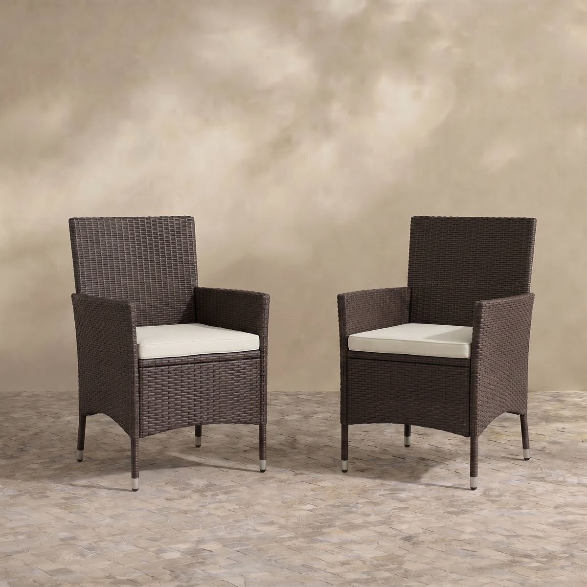 Sfeerco Outdoor Rattan Wicker Dining Chair Set of 2 with Cream Cushion Stackable Dark Coffee Patio