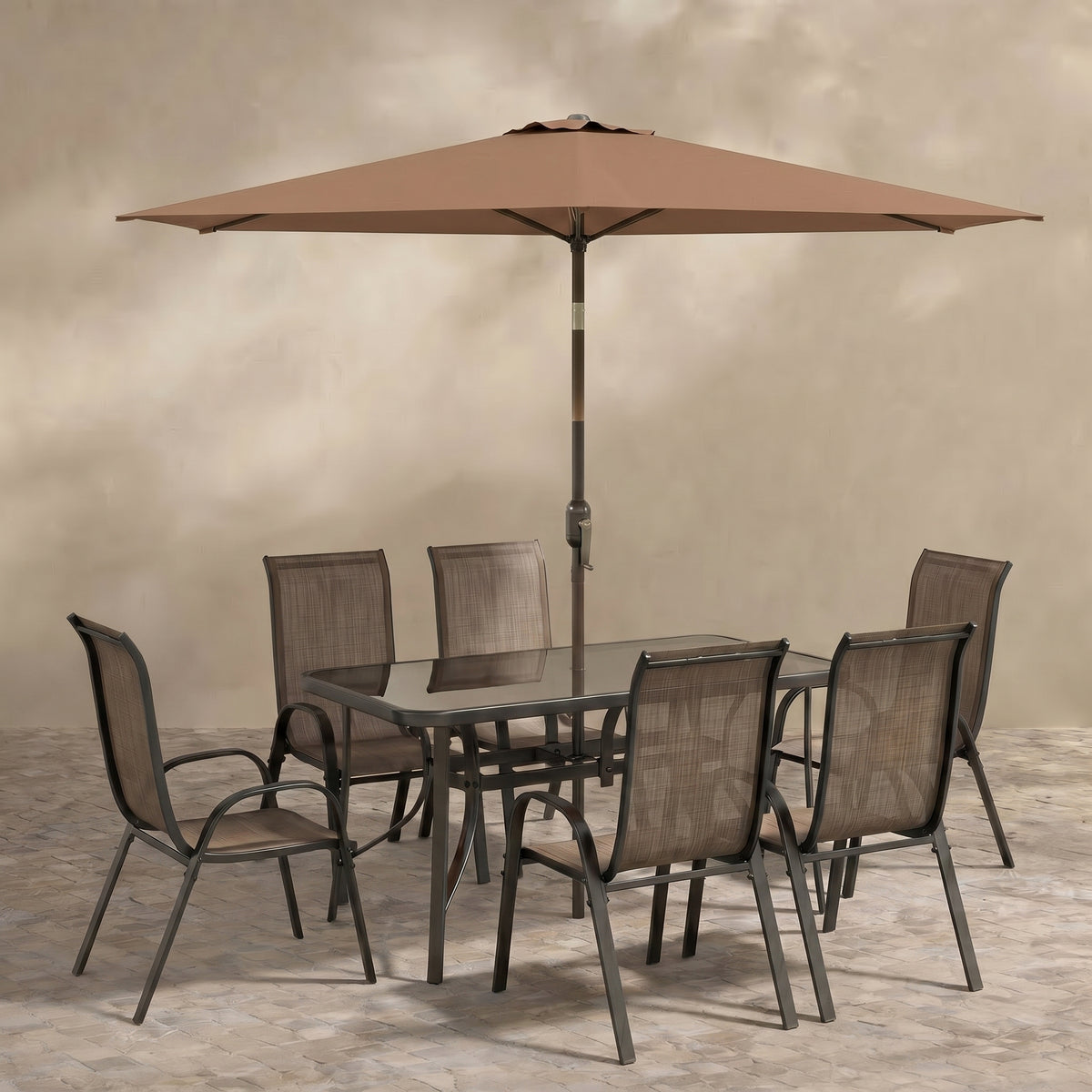 Sfeerco Outdoor Dining Set 8-Piece with 9Ft Umbrella Rattan Chairs & Table Light Mixed Brown — Porto