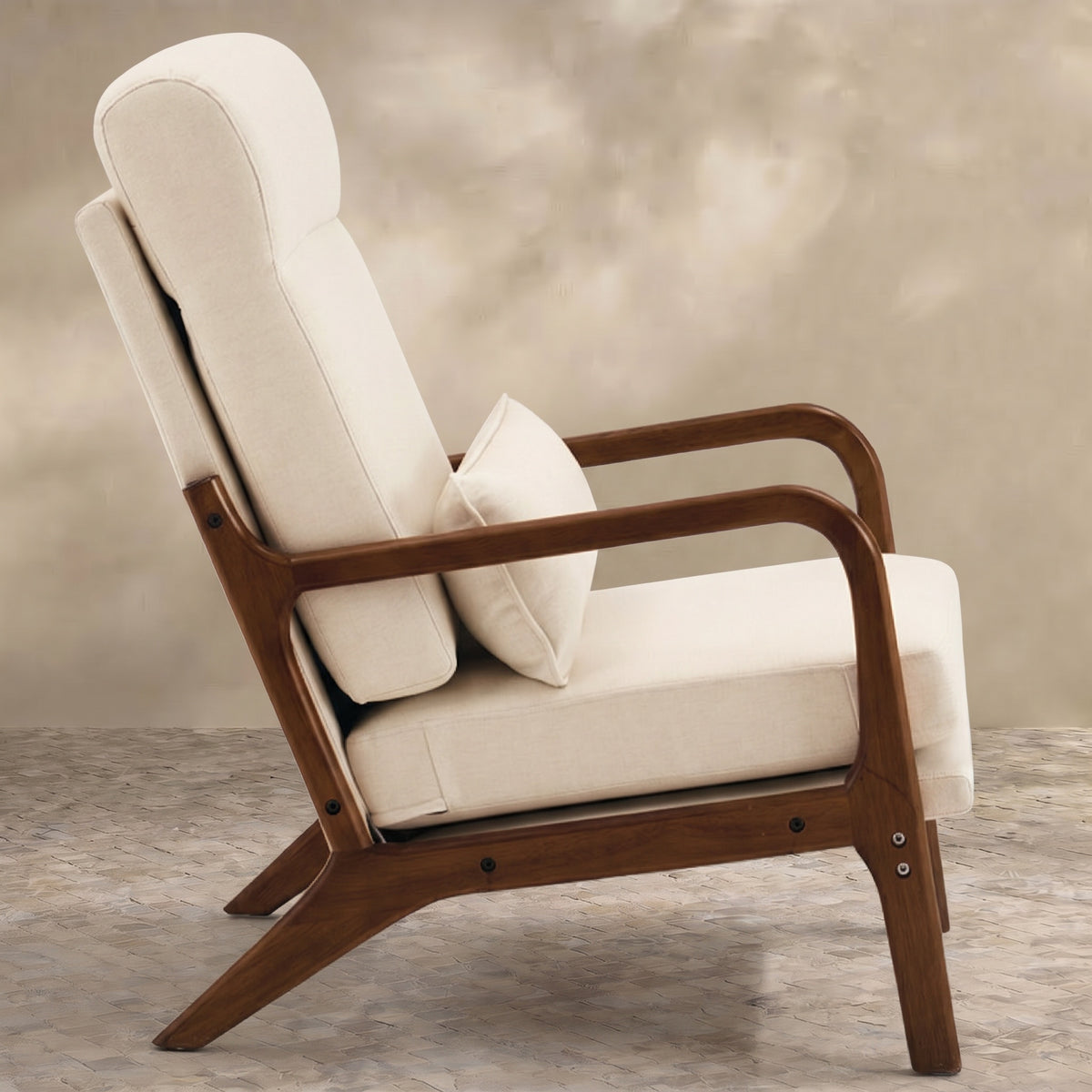 Sfeerco Solid Wood Accent Chair with Linen Cushion, Mid-Century Modern Armchair for Living Room, Off-White