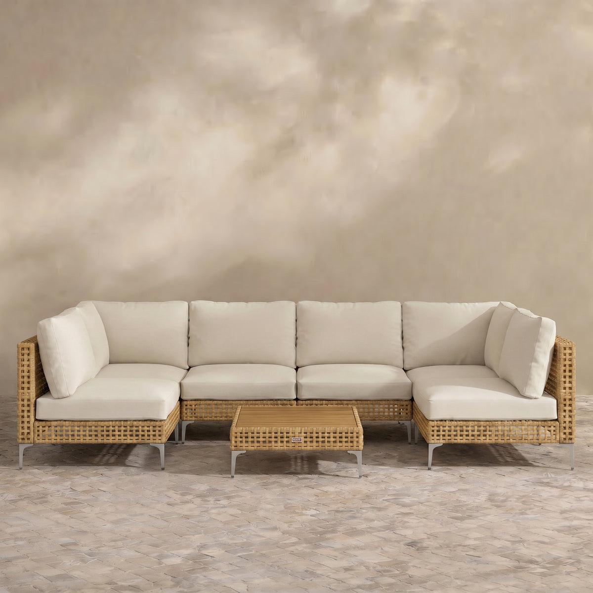 Sfeerco Outdoor Rattan Patio Sectional Sofa Set L-Shaped with Coffee Table Natural Wicker – Capri