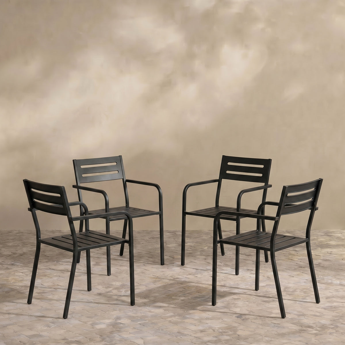 Sfeerco Stackable Patio Dining Chairs Set of 4, Heavy Duty Powder Coated Metal Outdoor Chairs with Ergonomic Armrests, Black
