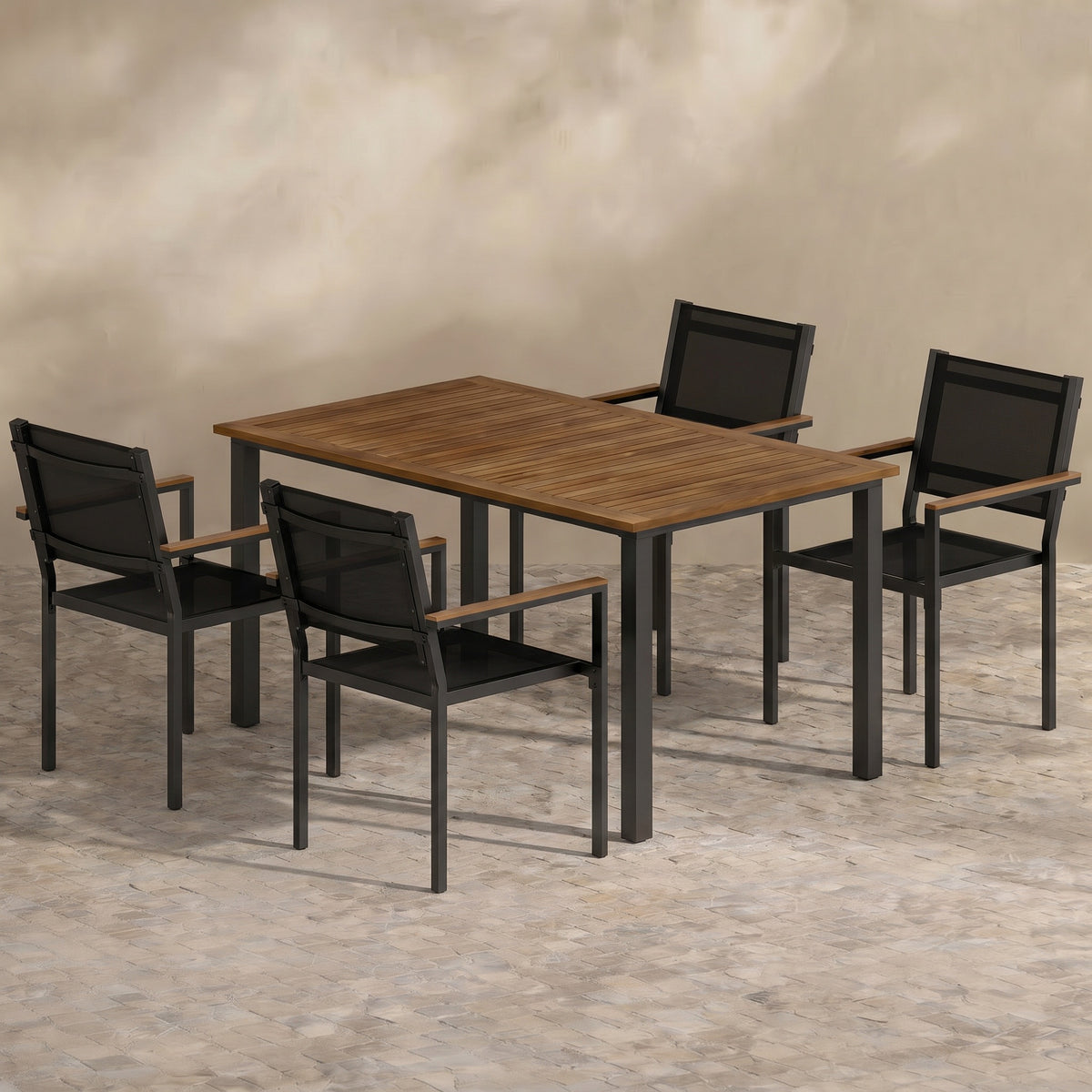 Sfeerco Outdoor Acacia Wood Patio Dining Set 4-Piece Rectangle Table 59 Inch Stackable Chairs — Vega