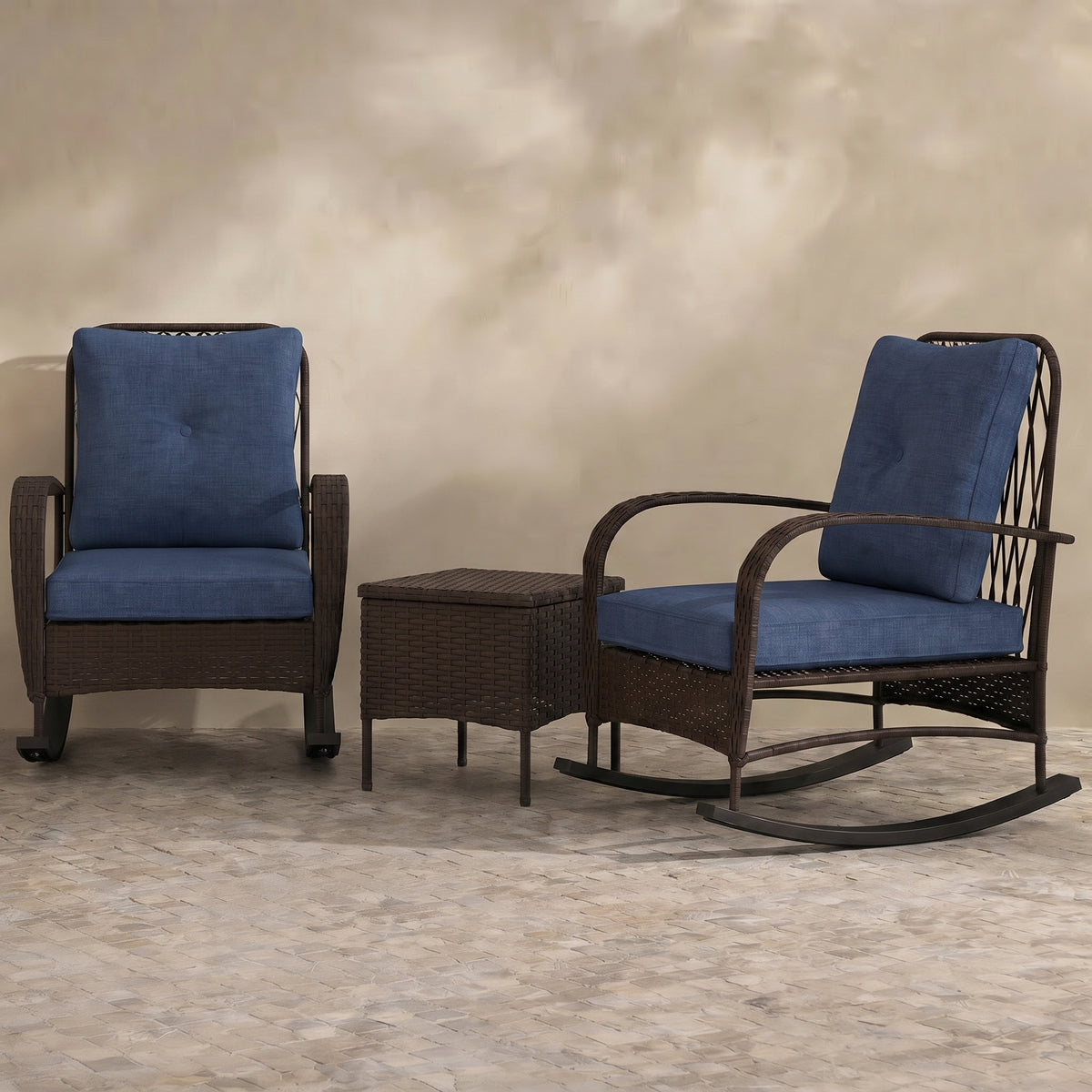 Sfeerco Outdoor Rattan Rocking Chair Bistro Set 3-Piece with Cushions & Coffee Table Brown – Sesto
