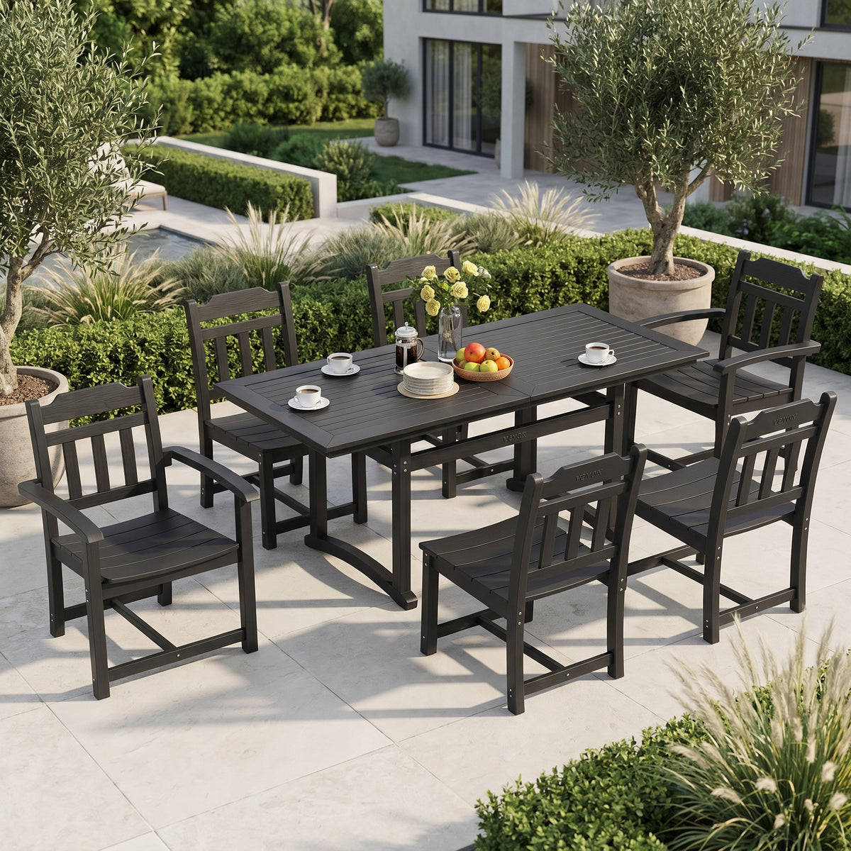 Sfeerco Outdoor Weatherproof Patio Dining Set 7-Piece Rectangle Table and 6 Chairs Black — Dusk