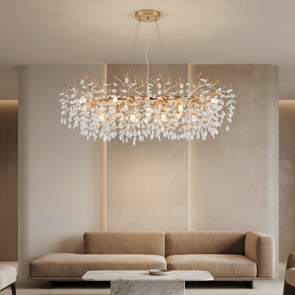 Sfeerco Modern Gold Crystal Tree Branch Chandelier 49.2 Inch 14-Light Rectangular Raindrop Pendant Dining Room Kitchen Island Living Room