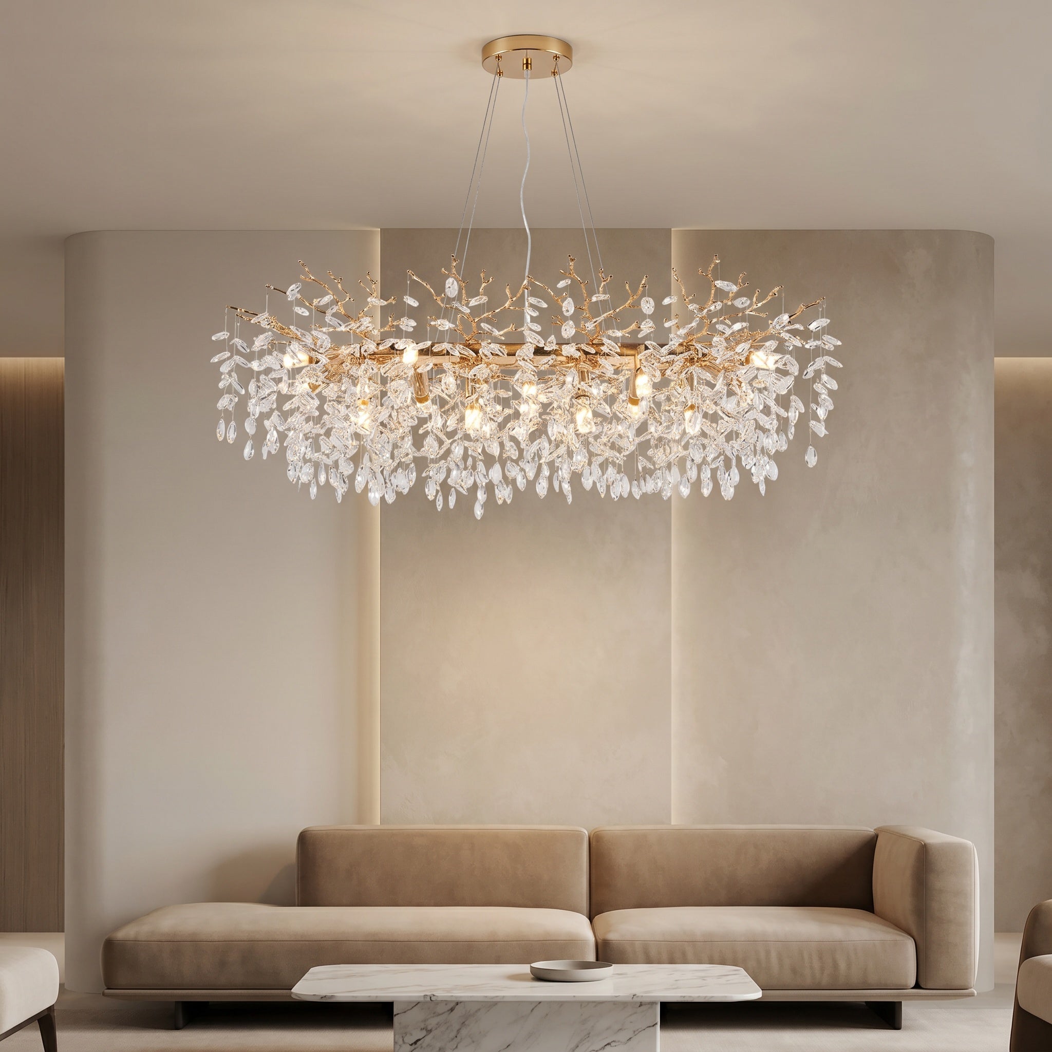 Sfeerco Modern Gold Crystal Tree Branch Chandelier 49.2 Inch 14-Light Rectangular Raindrop Pendant Dining Room Kitchen Island Living Room