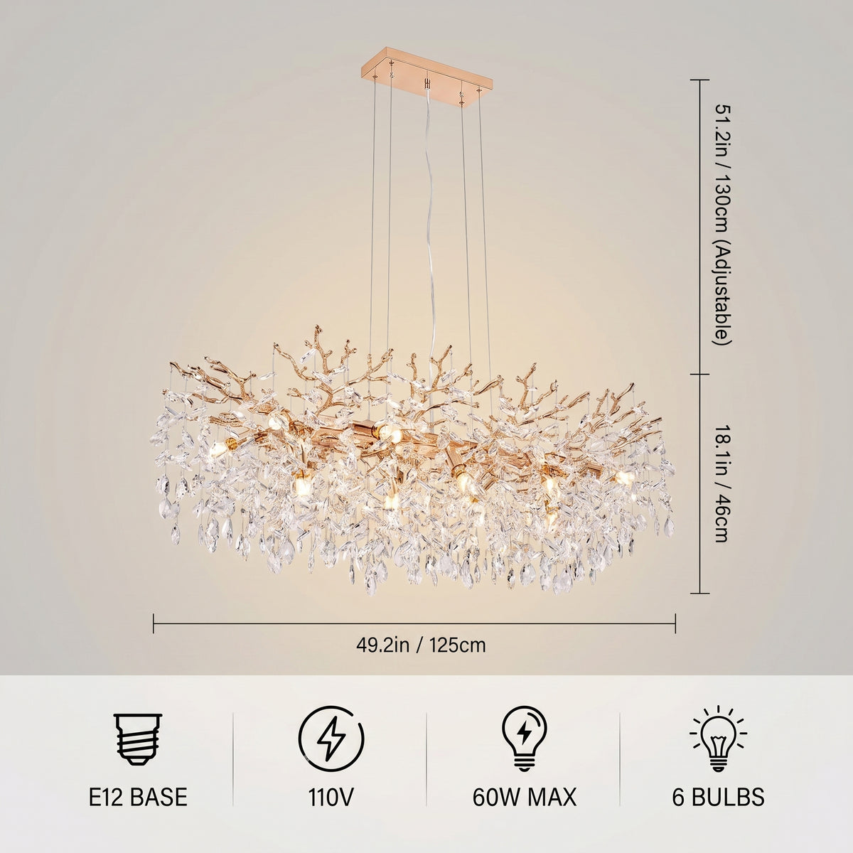 Sfeerco Modern Gold Crystal Tree Branch Chandelier 49.2 Inch 14-Light Rectangular Raindrop Pendant Dining Room Kitchen Island Living Room