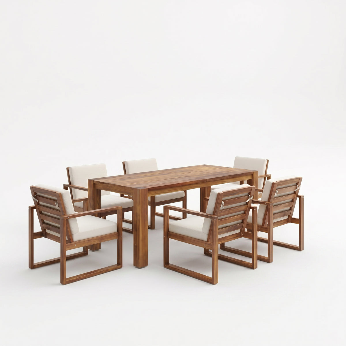 Sfeerco Outdoor Acacia Wood Patio Dining Set 7-Piece with Umbrella Hole 6 Chairs Removable Cushions Mocha Beige — Forza