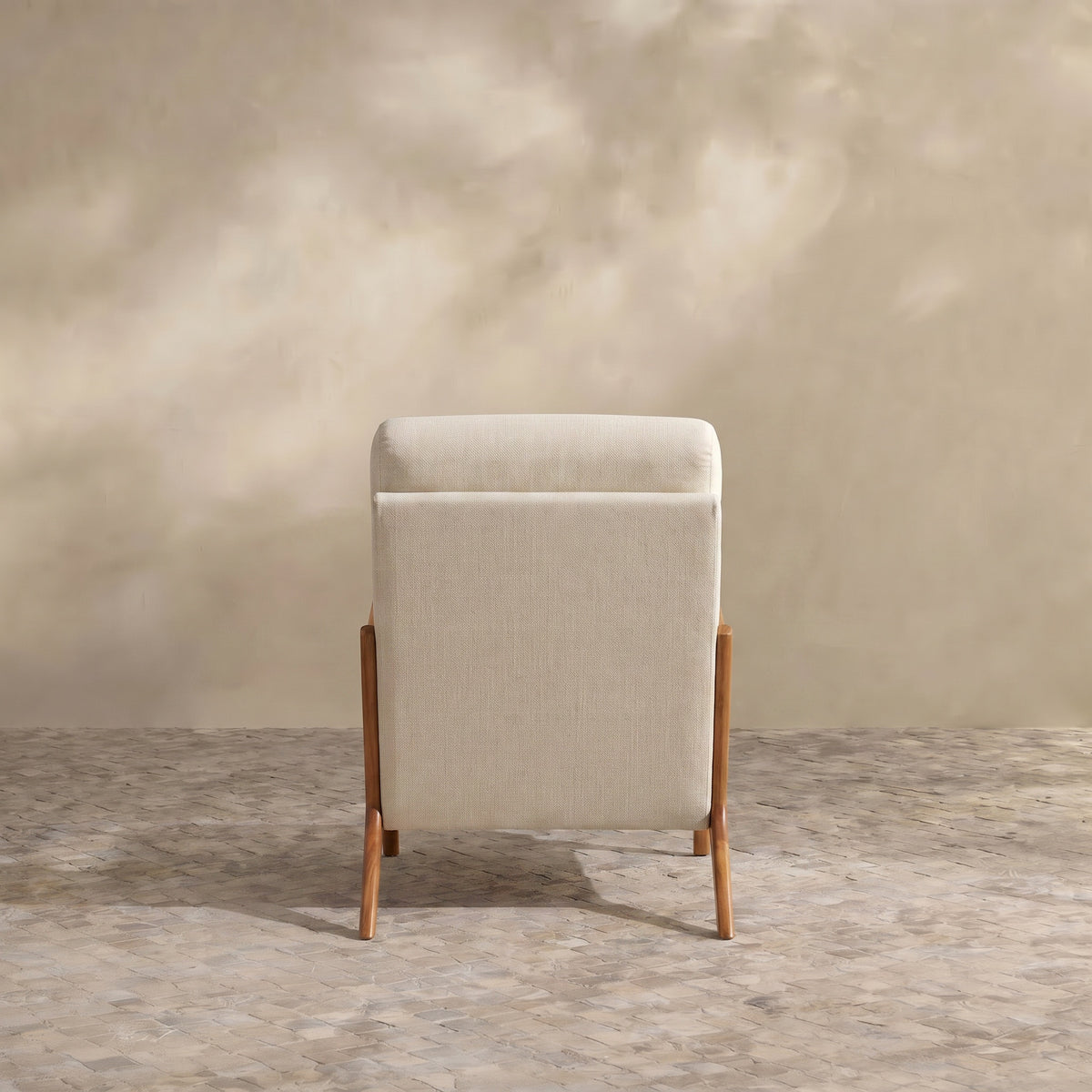 Sfeerco Solid Wood Accent Chair with Linen Cushion, Mid-Century Modern Armchair for Living Room, Off-White