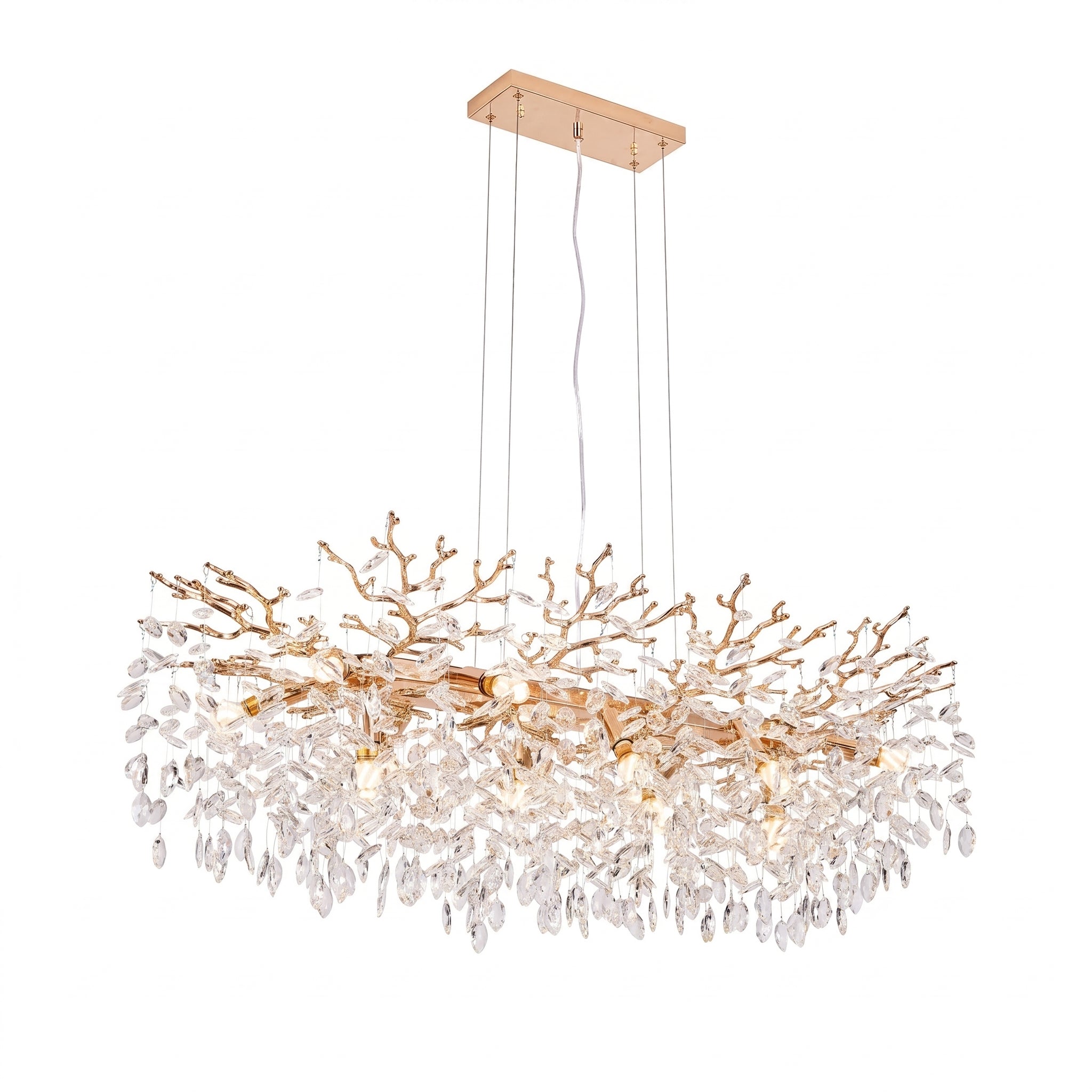 Sfeerco Modern Gold Crystal Tree Branch Chandelier 49.2 Inch 14-Light Rectangular Raindrop Pendant Dining Room Kitchen Island Living Room