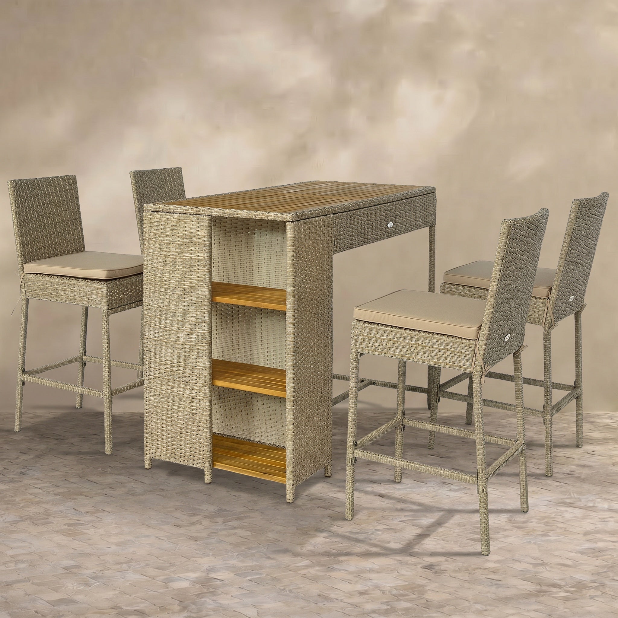 Sfeerco 5 Piece Outdoor Bar Set, PE Wicker Acacia Wood High Top Table and 4 Bar Stools with Cushions and Storage Shelves, Brown